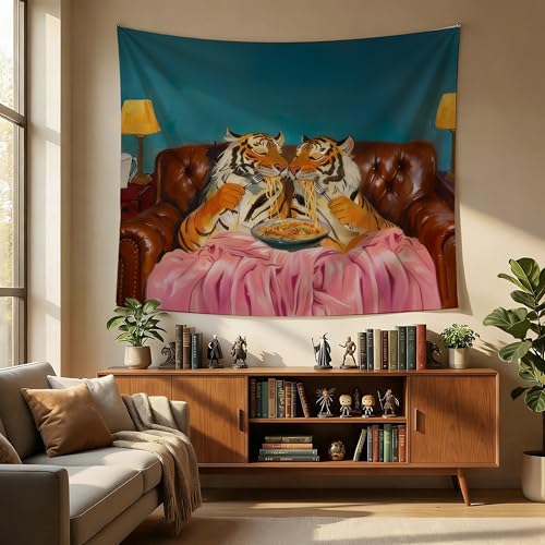 MKYFHSVGD Pink Funny Tiger Tapestry Wall Hanging, Whimsical Cozy Tiger Couple Eating Spaghetti Wall Tapestry for Home Bedroom Living Room Kitchen Dining Room Decorations, 50x60 Inch - color: Tiger