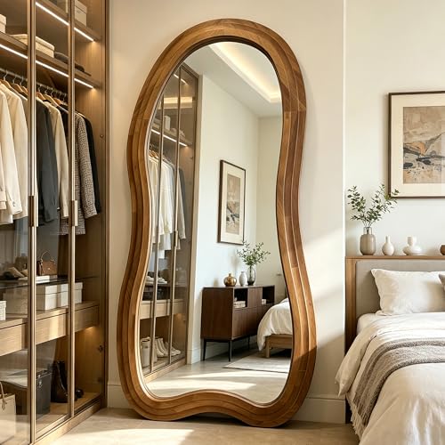 71"x33.5" Irregular Full Length Mirror with 3-Layer Wood Frame - color: Natural, size: 71"L x 33.5"W