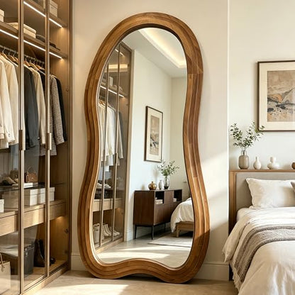 71"x33.5" Irregular Full Length Mirror with 3-Layer Wood Frame - color: Natural, size: 71"L x 33.5"W
