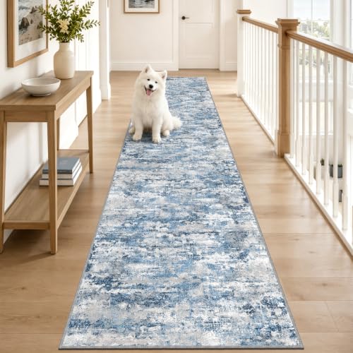 Long Hallway Runner Rug 2.6x12ft Textured Non Slip for Dogs,Ocean Blue - color: Abstract- Ocean Blue, size: 2'7" x 12' (Runner)