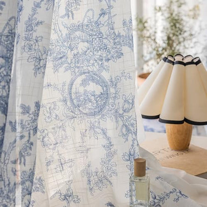 SUOUO Blue and White Toile Floral Semi Sheer Curtains 84 Inches 2 Panels - color: Blue-white, size: 52"W x 84"L (Pack of 2)