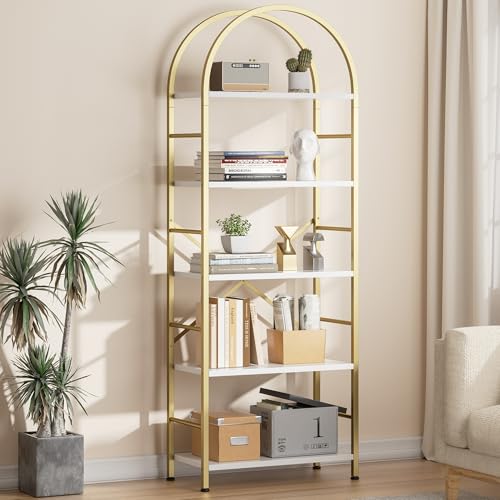 Shintenchi Bookshelf, Arched Bookshelf 5 Tier Bookcase Shelf for CDs/Books, Home Office Bookcase Shelf Storage Organizer, Modern Book Shelf for Bedroom/Living Room, Gold - color: Gold, size: 5 Tier