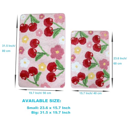 Cherry Bath Mat, Soft Microfiber Bathroom Rug, Non-Slip TPR Backing, Absorbent Machine Washable Bath Rug for Shower Tub Sink Bedroom Kitchen Indoor Home Decor, Pink 32x20 Inch - color: Pink Cherry, size: 31.5" x 19.7" (Rectangular)