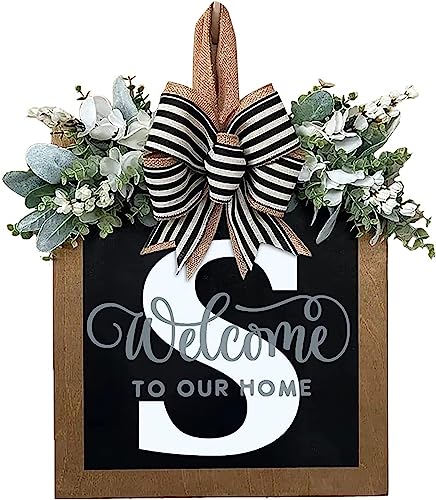Last Name Year Round Front Door Wreath Front Porch Decoration 26 Letter Welcome Sign with Eucalyptus Garland and Bow Spring Wreaths for Front Door Outside Hanger Garland（S） - color: S