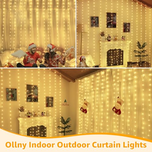 Ollny Curtain Lights 600LED 19.7ft x 9.8ft, IP67 Waterproof (Warm White) - color: Warm White, size: 19.7ft