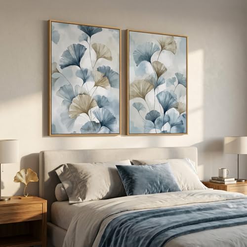 Large Framed Blue Neutral Botanical Ginkgo Wall Art Set of 2, 24x36 Inch - color: Neutral Blue, size: 24" W x 36" H x 2Pcs