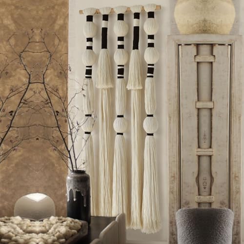 Macrame Wall Hanging Boho Spherical Tassels Geometric Decor 15.7"W*39"L - color: Ivory