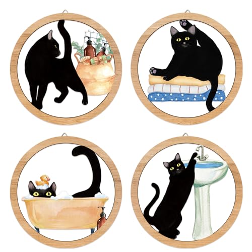 HPNIUB Funny Bathrooms Wall Decor, Black Cats In the Bath Wood Sign, 4 Pieces 10''x10'' Farmhouse Wooden Hanging Sign for Toilet Powder Room Restroom Wall Decoration, Lovely Cat Gifts - color: Funny bathroom