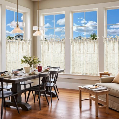 jinchan Green Floral Kitchen Tier Curtains Alisa 36 Inches Tie Top 2 Panles - color: Alisa Green on Linen, size: 26"W x 36"L (Pack of 2)