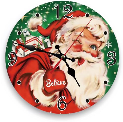 Vintage Santa Claus Silent Non Ticking Wall Clock 12 Inch, Battery Operated, Christmas Green Round Wood Wall Clocks, Decorative for Living Room, Kitchen, Bedroom, Bathroom, Dining Room, Gifts - color: Vintage Santa Claus-christmas Green