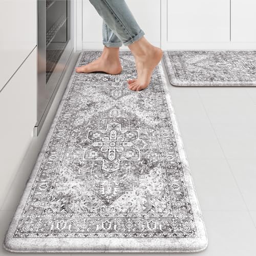 KIMODE Anti Fatigue Kitchen Mats, 2 PCS Cushioned Kitchen Rugs and Mats - color: Grey/Multi, size: 47"L x 17.3"W x 0.47"Th + 29"L x 17.3"W x 0.47"Th