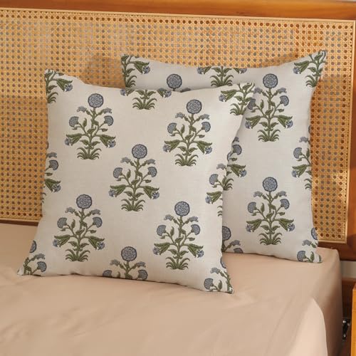 CXMEIFLY Sage Green Blue Vintage Pillow Covers 16 x 16 Inch Set of 2 Boho Floral Outdoor Decor Throw Pillows Neutral Block Print Flower Linen Farmhouse Decorative Pillowcases for Couch Bed Sofa - color: Green Blue, size: 16" x 16" (Pack of 2)