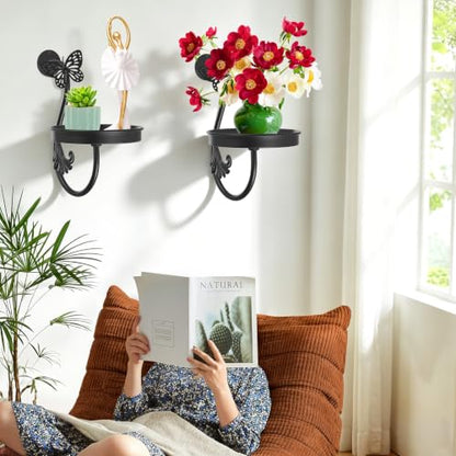 Metal Wall Plant Holder 3Pcs Indoor Outdoor Wall Flower Shelf - color: Black-Butterfly-3Pcs