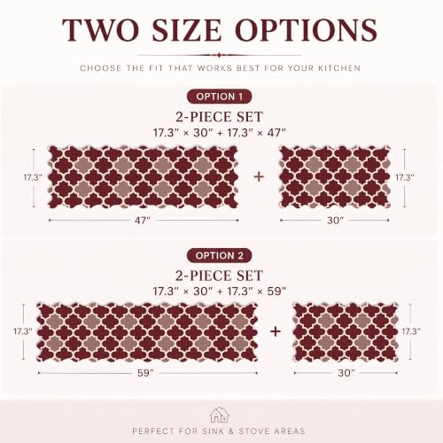 Arenarug Scalloped Trellis Kitchen Mats for Floor, Red Kitchen Rugs - color: Red & Dusty Rose, size: 17.3"x30"+17.3"x47"