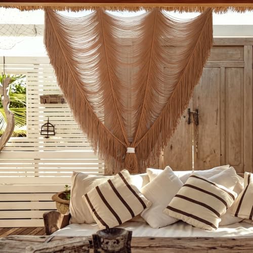 Macrame Curtain Boho Handmade Fiber Art Khaki Window Decor Yarn 59" W*75" L - color: Khaki