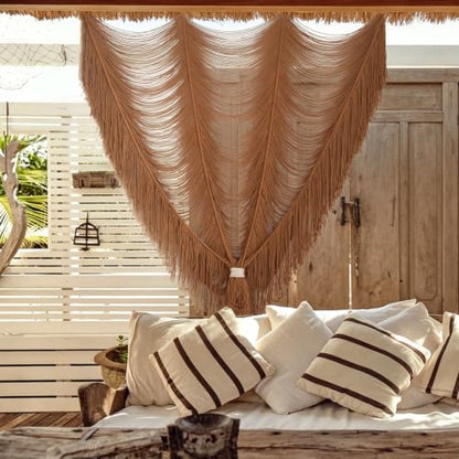 Macrame Curtain Boho Handmade Fiber Art Khaki Window Decor Yarn 59" W*75" L - color: Khaki