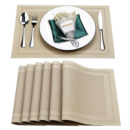 Beige Vinyl Placemats Set of 6,Washable Dining PVC Table Mats - color: Beige, size: 6PCS 12"Wx18"L