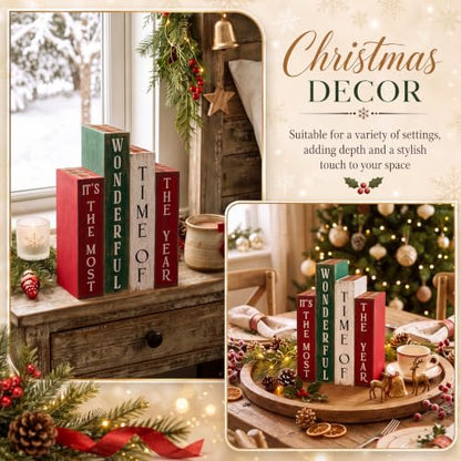 Xuhal 4 Pcs Christmas Table Decor, Rustic Wooden Christmas Xmas Books Signs - style: Christmas