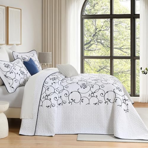 100% Cotton Oversized King Bedspread 120x120, Navy White - color: White/Navy Blue, size: King/Cal King(120"x120")