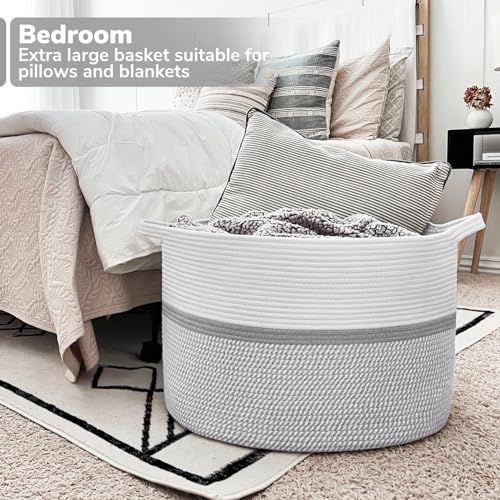 CHICVITA 85L Large Cotton Rope Blanket Basket with Handles, Grey - color: Gray