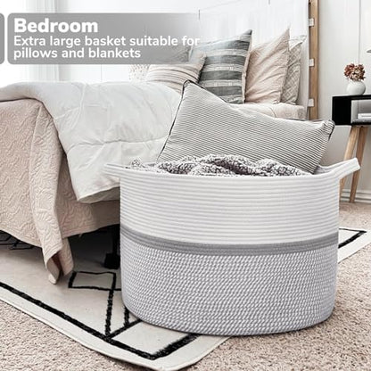 CHICVITA 85L Large Cotton Rope Blanket Basket with Handles, Grey - color: Gray