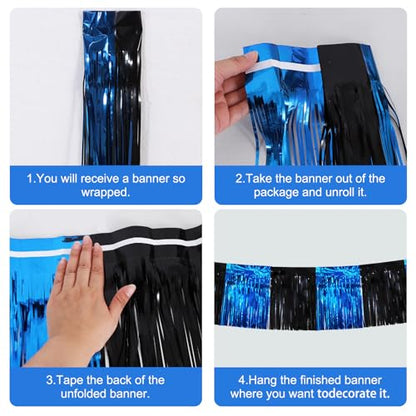 BEISHIDA Black Blue Fringe Garland Banner 30ft Wall Tinsel Foil Streamers - color: Black Blue