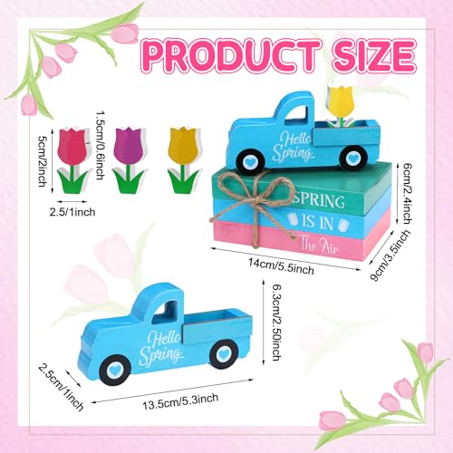 Pcs Spring Wooden Table Sign Hello Spring Table Centerpiece Hello Spring Truck Books Flowers Farmhouse Faux Book Stack Pastel Tulip Tiered Tray Block Decor for Home Holiday Decoration - style: Hello Spring Tulip