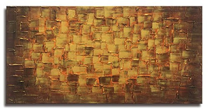MyArton Large Abstract Golden Yellow Square Wall Art Hand Painted Textured Oil Painting on Canvas Ready to Hang 60x30inch - color: Golden, size: 60"L x 30"W