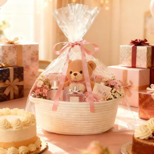 4PCS Woven Baskets Organizing Cotton Rope with Handle Empty Basket with Bags and Ribbon for Baby Birthday Christmas Easter Housewarming Newborns Wedding(12" x 8" x 5") - color: White,Grey,Pink,Green