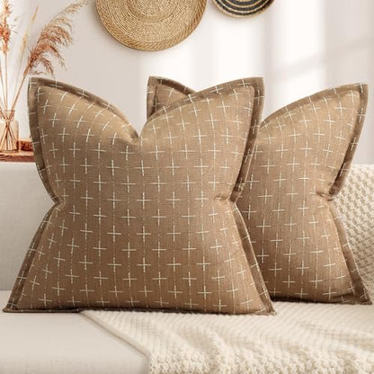 ZWJD Throw Pillow Covers 16x16 Set of 2 Soft Polyester Textured Pillow Covers with Stylish Flange Edge Cozy Farmhouse Throw Pillows for Couch Bed Sofa Living Room Camel - color: Camel, size: 16" x 16" (Pack of 2)
