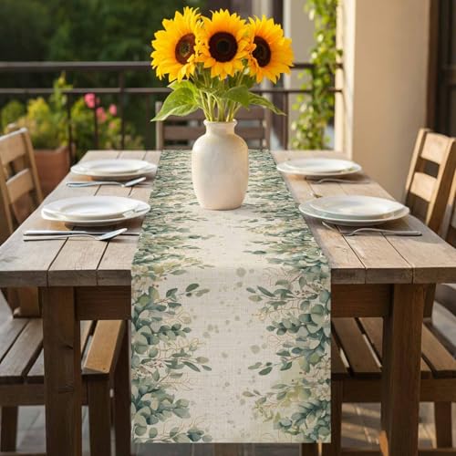 Sage Green Eucalyptus Leaves Table Runner 36 Inches Long,Retro Botanical Beige Cotton Linen Table Runners Dresser Scarves,Spring Leaf Fabric Tabletop Scarf Furniture Cover for Home Dinner Party13 x36 - color: Light Beige Sage Green, size: 13x36 Inches