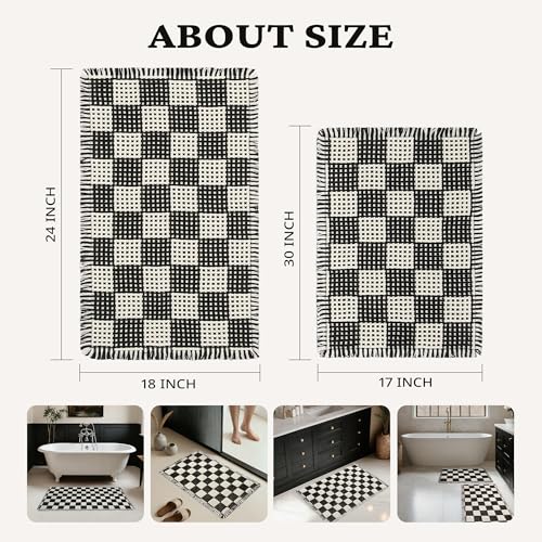 MatEssenz 2 Piece Waffle Bathroom Rugs Checkered Bath Mat Set (17"x24" & 18"x30"), Black and White Weave Bathroom Rugs with Tassels, Non-Slip Quick Dry Shower Mats, Machine Washable Skin-Friendly - color: Lattice Style, size: 17" x 24" + 18" x 30"