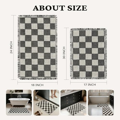 MatEssenz 2 Piece Waffle Bathroom Rugs Checkered Bath Mat Set (17"x24" & 18"x30"), Black and White Weave Bathroom Rugs with Tassels, Non-Slip Quick Dry Shower Mats, Machine Washable Skin-Friendly - color: Lattice Style, size: 17" x 24" + 18" x 30"