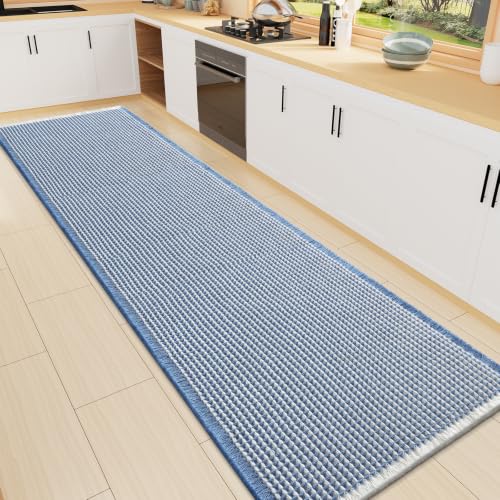Smiry Waffle Bath Mat 72X16, Soft Absorbent Bathroom Rugs, Blue & Cream - color: Blue & Cream, size: 72'' X 16''