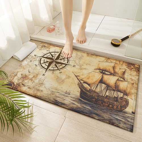 Vintage Compass Indoor Door Mat Nautical Galleon Map Non-Slip Doormat Washable Decorative Mat Rug for Outdoor Entryway Kitchen Bathroom 17x30 Inch - color: Vintage Compass Nautical Galleon