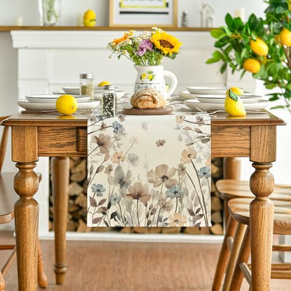 Artoid Mode Brown Poppy Flowers Floral Blossom Summer Table Runner, Fall Kitchen Dining Table Decoration for Home Party Decor 13x72 Inch - size: 13" x 72", Table Runner