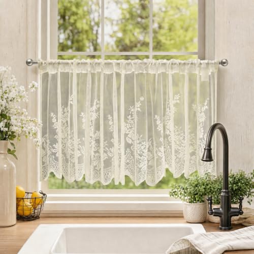 Molaxhome Kitchen Curtains Valance Beige Lace Floral Semi Sheer Curtain - color: Beige, size: 54"W x 24"L (Pack of 1)