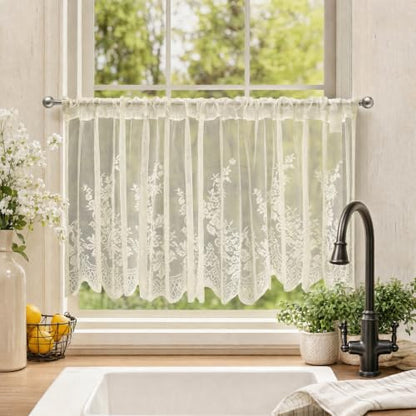 Molaxhome Kitchen Curtains Valance Beige Lace Floral Semi Sheer Curtain - color: Beige, size: 54"W x 24"L (Pack of 1)