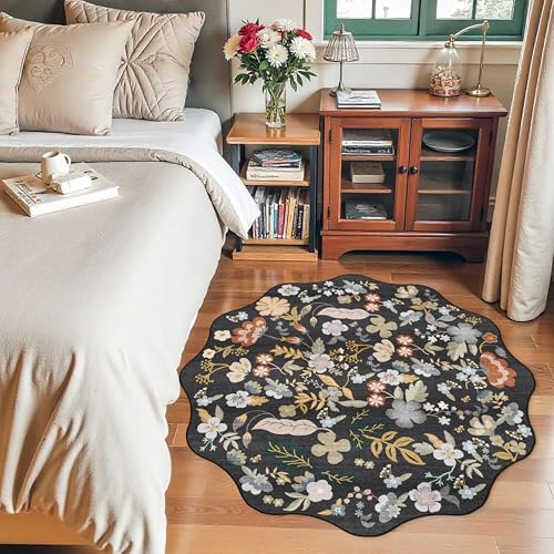 Washable Scalloped 4ft Round Rug: 4x4 Boho Floral Circle Area Rug Black - color: Black, size: 4' (Round)