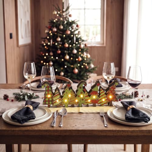 Yousoontic Christmas Tree Decor Table Centerpieces, Green and Red Wooden Sign Decorations with LED Lights 3D Block, Light up 3D Green Monster Ornament for Tabletop Mantel Desk Table Home Office Party - style: Christmas Tree