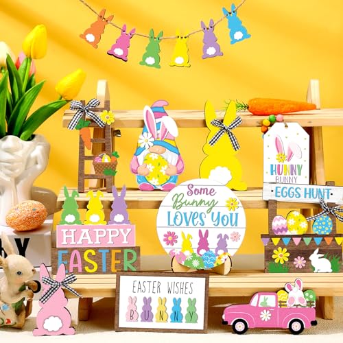Marsui Easter Tiered Tray Decor Happy Easter Tiered Tray Ornament Rustic Farmhouse Spring Sign Bunny Truck Gnome Egg Wooden Sign for Home Table Decor(Floral Style) - style: Floral Style