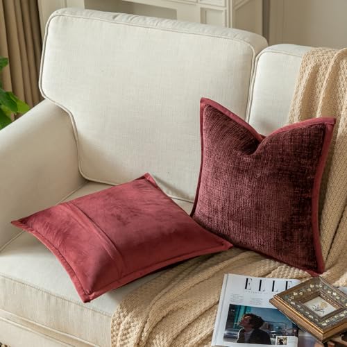 Yaertun Pack of 2 Chenille Textured Decorative Throw Pillow Covers Accent Solid Cushion Cover Soft Cozy Pillow Case with Velvet Back for Couch Sofa Bed Living Room 16x16 Inch Burgundy - color: Burgundy, size: 16" x 16" (Pack of 2)