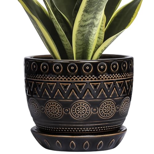 G EPGardening 5.5 Inch Ceramic Planter - Ceramic Plant Pot for Indoor Outdoor Plants, Boho Round Flower Pot with Drainage Hole and Saucer, Gifts for Plant Lovers, Office Garden Home Decor, Black - color: Triangle Black