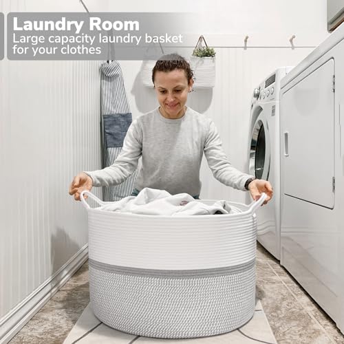 CHICVITA 85L Large Cotton Rope Blanket Basket with Handles, Grey - color: Gray