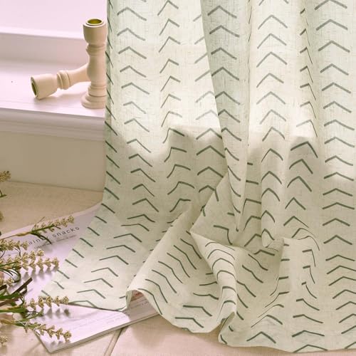 jinchan Green Boho Linen Kitchen Tier Curtains 24 Inch Rod Pocket 2 Panels - color: Arrow | Green on Linen, size: 26"W x 24"L (Pack of 2)