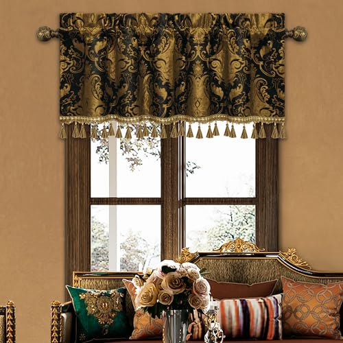 Loom and Mill Classic Chenille Damask Valances for Windows, Black, 54"x18" - color: Florence-black+copper Bronze