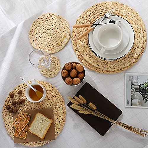 6 Pack 13.8" Woven Placemats, Natural Hand-Woven Water Hyacinth Placemats, Round Braided Rattan Tablemats for Dining Table, Large Weave Round Place Mats Heat Resistant Non-Slip Table Mats, 13.8 Inch - size: 13.8 inch (35cm)