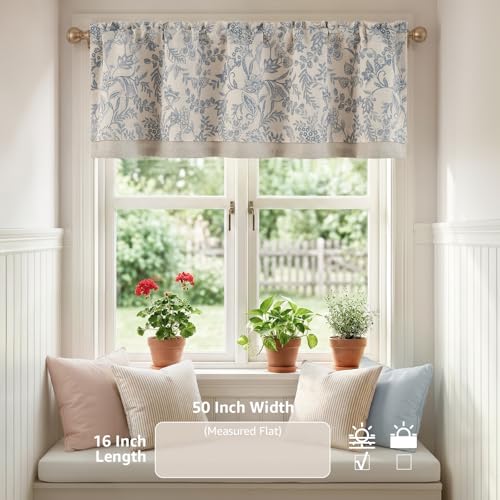 jinchan Linen Valance Curtain Farmhouse 16 Inch 1 Panel Blue on Beige - color: Forest | Blue, size: 50"W x 16"L (Pack of 1)