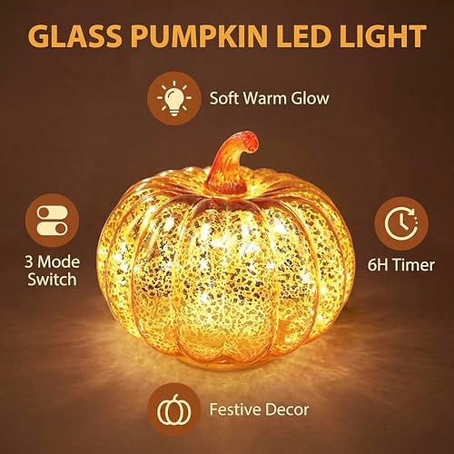 Mercury Glass Pumpkin Lights with Timer Set of 3, Battery Operated Glass Pumpkin for Halloween Thanksgiving Fall Autumn Decorations Tabletop Home Holiday Decor, Gold (Height:5.5“/7.7”)