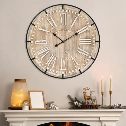 Farmhouse Wall Clock 30 Inch - Rustic Wood Metal Decor, Silent Sweep, Battery Operated for Living Room Kitchen Office, Brown - size: 30 Inch